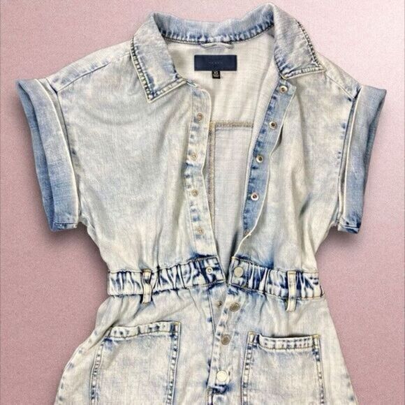 BlankNyc Rompers Womens Sz XS Acid Wash Blue Denim Short Sleeve Pockets Jumpsuit - Picture 3 of 12